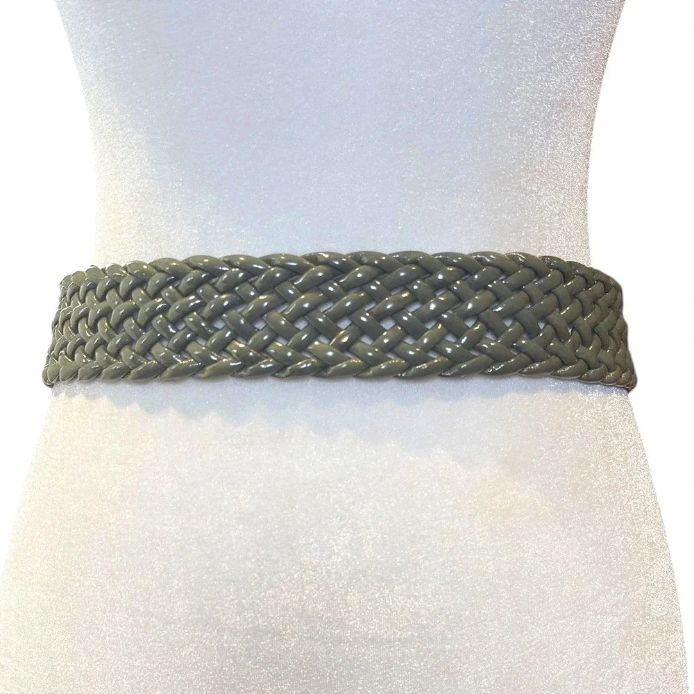 Olive Green Glossy Braided Belt Gold Buckle Wide‎ Stretch Resort Chic Boho 38IN